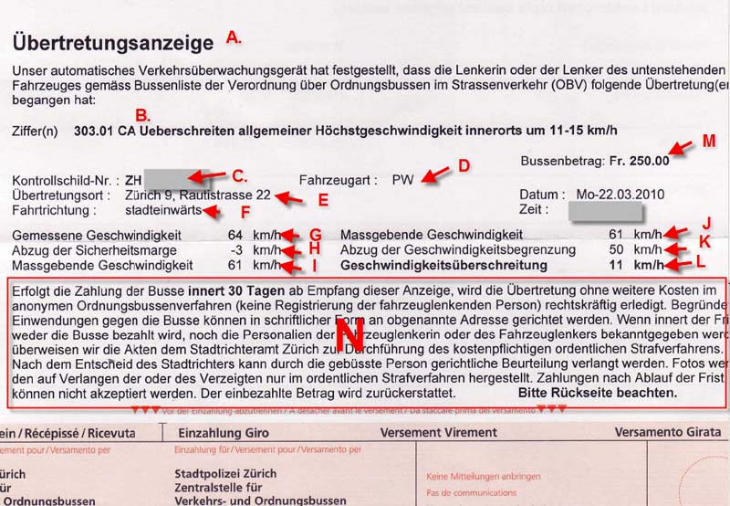 Штрафная квитанция за превышение скорости в Швейцарии